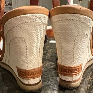CHANEL Cream and Tan Wedge Sandals